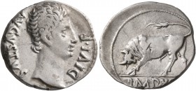 Augustus, 27 BC-AD 14. Denarius (Silver, 19 mm, 3.92 g, 8 h), Lugdunum, 11-10 BC. AVGVSTVS DIVI F Bare head of Augustus to right. Rev. IMP•XII Bull bu...