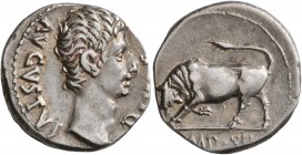 Augustus, 27 BC-AD 14. Denarius (Silver, 18 mm, 3.91 g, 1 h), Lugdunum, 11-10 BC. AVGVSTVS DIVI•F Bare head of Augustus to right. Rev. IMP•XII Bull bu...