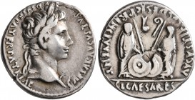 Augustus, 27 BC-AD 14. Denarius (Silver, 18 mm, 3.76 g, 7 h), Lugdunum, 2 BC-AD 4. CAESAR AVGVSTVS DIVI F PATER PATRIAE Laureate head of Augustus to r...