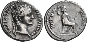 Tiberius, 14-37. Denarius (Silver, 19 mm, 3.62 g, 6 h), Lugdunum. TI CAESAR DIVI AVG F AVGVSTVS Laureate head of Tiberius to right. Rev. PONTIF MAXIM ...