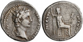 Tiberius, 14-37. Denarius (Silver, 19 mm, 3.66 g, 5 h), Lugdunum. TI CAESAR DIVI AVG F AVGVSTVS Laureate head of Tiberius to right. Rev. PONTIF MAXIM ...