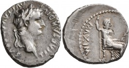 Tiberius, 14-37. Denarius (Silver, 18 mm, 3.78 g, 9 h), Lugdunum. TI CAESAR DIVI AVG F AVGVSTVS Laureate head of Tiberius to right. Rev. [PONTIF] MAXI...