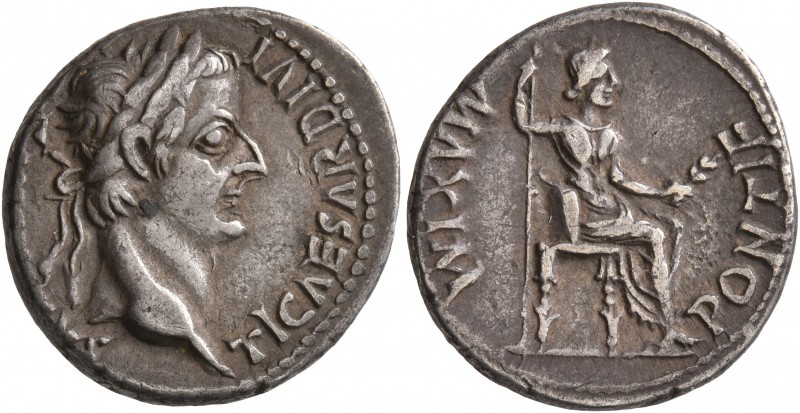 Tiberius, 14-37. Denarius (Silver, 19 mm, 3.87 g, 10 h), Lugdunum. TI CAESAR DIV...