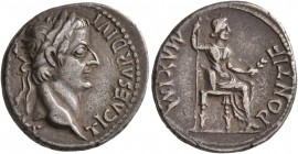 Tiberius, 14-37. Denarius (Silver, 19 mm, 3.87 g, 10 h), Lugdunum. TI CAESAR DIVI AVG F AVGVSTVS Laureate head of Tiberius to right. Rev. PONTIF MAXIM...
