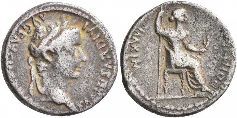 Tiberius, 14-37. Denarius (Silver, 18 mm, 3.60 g, 1 h), Lugdunum. TI CAESAR DIVI...