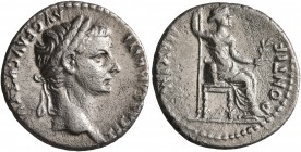 Tiberius, 14-37. Denarius (Silver, 18 mm, 3.58 g, 9 h), Lugdunum. TI CAESAR DIVI AVG F AVGVSTVS Laureate head of Tiberius to right. Rev. PONTIF MAXIM ...