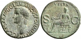 Gaius (Caligula), 37-41. As (Copper, 28 mm, 11.00 g, 6 h), Rome. C CAESAR AVG GERMANICVS PON M TR POT Bare head of Gaius to left. Rev. VESTA / S - C V...