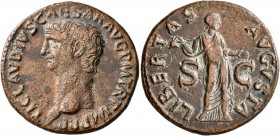 Claudius, 41-54. As (Bronze, 28 mm, 12.04 g, 6 h), Rome, 50-54. TI CLAVDIVS CAESAR AVG P M TR P IMP P P Bare head of Claudius to left. Rev. LIBERTAS A...