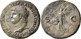 Nero, 54-68. As (Copper, 28 mm, 10.39 g, 7 h), Lugdunum, 65. NERO CLAVD CAESAR AVG GER•P M TR P IMP P P Bare head of Nero to left, globe at point of b...