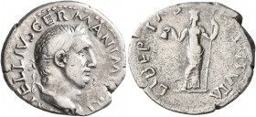 Vitellius, 69. Denarius (Silver, 20 mm, 3.31 g, 6 h), Rome, late April-20 December 69. [A] VITELLIVS GERMAN IMP TR P Laureate head of Vitellius to rig...