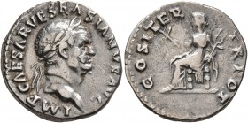 Vespasian, 69-79. Denarius (Silver, 18 mm, 3.31 g, 6 h), Rome, 70. IMP CAESAR VESPASIANVS AVG Laureate head of Vespasian to right. Rev. COS ITER TR PO...