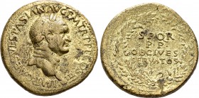 Vespasian, 69-79. Sestertius (Orichalcum, 33 mm, 25.55 g, 6 h), Lugdunum, 71. IMP CAES VESPASIAN AVG P M TR P P P COS III Laureate head of Vespasian t...