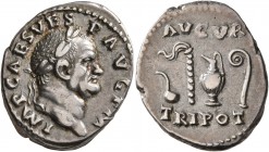 Vespasian, 69-79. Denarius (Silver, 19 mm, 3.39 g, 6 h), Rome, 71. IMP CAES VESP AVG P M Laureate head of Vespasian to right. Rev. AVGVR / TRI POT Sim...