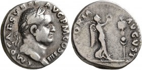 Vespasian, 69-79. Denarius (Silver, 17 mm, 3.36 g, 6 h), Rome, 72-73. IMP CAES VESP AVG P M COS IIII Laureate head of Vespasian to right. Rev. [VIC]TO...