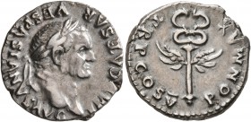 Vespasian, 69-79. Denarius (Silver, 19 mm, 3.42 g, 6 h), Rome, 74. IMP CAESAR VESP AVG Laureate head of Vespasian to right. Rev. PON MAX TR P COS V Wi...