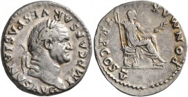 Vespasian, 69-79. Denarius (Silver, 19 mm, 3.14 g, 7 h), Rome, 74. IMP CAESAR VESPASIANVS AVG Laureate head of Vespasian to right. Rev. PON MAX TR P C...