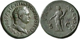 Titus, as Caesar, 69-79. Sestertius (Orichalcum, 33 mm, 27.13 g, 7 h), Rome, struck under Vespasian, 72. T CAES VESPASIAN IMP PON TR POT COS II Laurea...