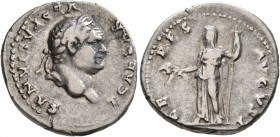 Titus, as Caesar, 69-79. Denarius (Silver, 18 mm, 3.43 g, 6 h), Rome, 77-78. T CAESAR VESPASIANVS Laureate head of Titus to right. Rev. CERES AVGVST C...