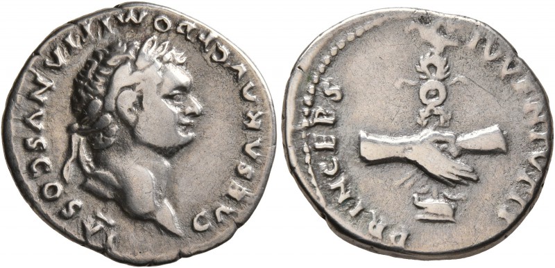 Domitian, as Caesar, 69-81. Denarius (Silver, 18 mm, 3.25 g, 5 h), Rome, January...