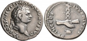 Domitian, as Caesar, 69-81. Denarius (Silver, 18 mm, 3.25 g, 5 h), Rome, January-June 79. CAESAR AVG F DOMITIANVS COS VI Laureate head of Domitian to ...