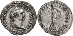 Domitian, as Caesar, 69-81. Denarius (Silver, 18 mm, 3.28 g, 5 h), Rome, struck under Titus, 80-81. CAESAR DIVI F DOMITIANVS COS VII Laureate head of ...