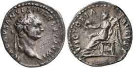 Domitian, 81-96. Quinarius (Silver, 14 mm, 1.59 g, 5 h), Rome, 81-82. IMP CAES DOMITIANVS AVG P M Laureate head of Domitian to right. Rev. VICTORIA AV...