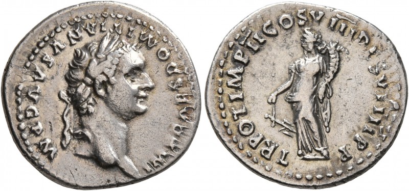 Domitian, 81-96. Denarius (Silver, 19 mm, 3.26 g, 6 h), Rome, 82. IMP CAESAR DOM...