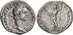 Domitian, 81-96. Denarius (Silver, 20 mm, 3.32 g, 6 h), Rome, 85. IMP CAES DOMIT AVG GERM P M TR P IIII Laureate head of Domitian to right, wearing ae...