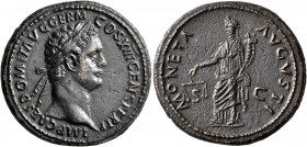 Domitian, 81-96. As (Copper, 28 mm, 12.79 g, 6 h), Rome, 87. IMP CAES DOMIT AVG GERM COS XIII CENS PER P P Laureate head of Domitian to right. Rev. MO...