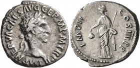 Nerva, 96-98. Denarius (Silver, 18 mm, 3.01 g, 5 h), Rome, 98. IMP NERVA CAES AVG GERM P M TR P II Laureate head of Nerva to right. Rev. IMP II COS II...