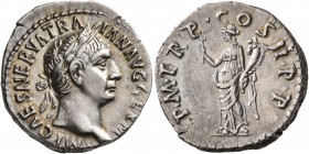 Trajan, 98-117. Denarius (Silver, 18 mm, 3.39 g, 6 h), Rome, 98-99. IMP CAES NERVA TRAIAN AVG GERM Laureate head of Trajan to right. Rev. P•M•TR•P•COS...