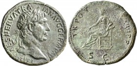 Trajan, 98-117. Sestertius (Orichalcum, 33 mm, 22.58 g, 5 h), Rome, 100. IMP CAES NERVA TRAIAN AVG GERM P M Laureate head of Trajan to right, with aeg...