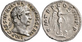 Trajan, 98-117. Denarius (Silver, 18 mm, 3.40 g, 6 h), Rome, 102. IMP CAES NERVA TRAIAN AVG GERM Laureate head of Trajan to right. Rev. P•M•TR•P•COS•I...