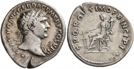 Trajan, 98-117. Denarius (Silver, 19 mm, 3.01 g, 7 h), Rome, circa 103-107. IMP TRAIANO AVG GER DAC P M TR P COS V P P Laureate head of Trajan to righ...