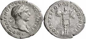Trajan, 98-117. Denarius (Silver, 20 mm, 3.04 g, 7 h), Rome, circa 107-108. IMP TRAIANO AVG GER DAC P M TR P Laureate head of Trajan to right, with sl...