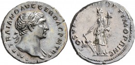 Trajan, 98-117. Denarius (Silver, 19 mm, 3.37 g, 8 h), Rome, circa 107-108. IMP TRAIANO AVG GER DAC P M TR P Laureate head of Trajan to right, with sl...