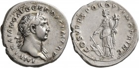 Trajan, 98-117. Denarius (Silver, 20 mm, 3.33 g, 7 h), Rome, circa 107-108. IMP TRAIANO AVG GER DAC P M TR P Laureate head of Trajan to right, with sl...