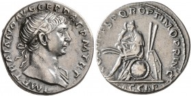 Trajan, 98-117. Denarius (Silver, 18 mm, 3.60 g, 7 h), Rome, 108-109. IMP TRAIANO AVG GER DAC P M TR P Laureate head of Trajan to right, with slight d...