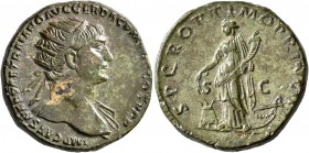 Trajan, 98-117. Dupondius (Orichalcum, 25 mm, 13.26 g, 5 h), Rome, circa 108-109/10. IMP CAES NERVAE TRAIANO AVG GER DAC P M TR P COS V P P Radiate he...