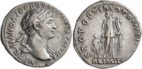 Trajan, 98-117. Denarius (Silver, 18 mm, 3.30 g, 7 h), Rome, circa 112-113. IMP TRAIANO AVG GER DAC P M TR P COS VI P P Laureate head of Trajan to rig...