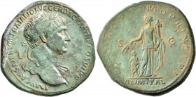 Trajan, 98-117. Sestertius (Orichalcum, 32 mm, 26.10 g, 7 h), Rome, circa 112-113. IMP CAES NERVAE TRAIANO AVG GER DAC P M TR P COS VI P P Laureate he...