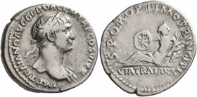 Trajan, 98-117. Denarius (Silver, 19 mm, 3.34 g, 7 h), Rome, 112-114. IMP TRAIANO AVG GER DAC P M TR P COS VI P P Laureate head of Trajan to right, wi...