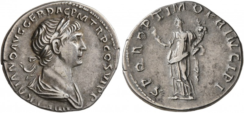 Trajan, 98-117. Denarius (Silver, 19 mm, 3.42 g, 7 h), Rome, 113-114. IMP TRAIAN...