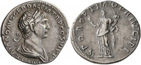 Trajan, 98-117. Denarius (Silver, 19 mm, 3.42 g, 7 h), Rome, 113-114. IMP TRAIANO AVG GER DAC P M TR P COS VI P P Laureate and draped bust of Trajan t...