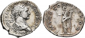 Trajan, 98-117. Denarius (Silver, 20 mm, 3.48 g, 7 h), Rome, 114-116. IMP CAES NER TRAIANO OPTIM AVG GER DAC Laureate and draped bust of Trajan to rig...