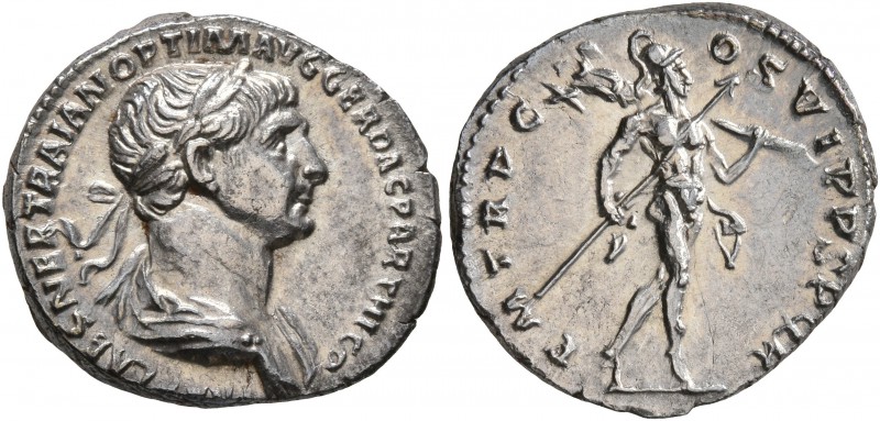 Trajan, 98-117. Denarius (Silver, 18 mm, 3.43 g, 7 h), Rome, 116. IMP CAES NER T...