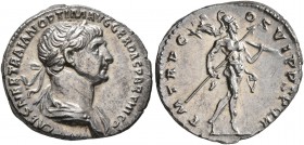 Trajan, 98-117. Denarius (Silver, 18 mm, 3.43 g, 7 h), Rome, 116. IMP CAES NER TRAIANO OPTIMO AVG GER DAC PARTHICO Laureate and draped bust of Trajan ...