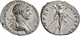 Trajan, 98-117. Denarius (Silver, 19 mm, 3.12 g, 5 h), Rome, 116. IMP CAES NER TRAIANO OPTIMO AVG GER DAC PARTHICO Laureate and draped bust of Trajan ...