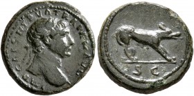 Trajan, 98-117. Semis (Orichalcum, 16 mm, 3.45 g, 7 h), Rome. IMP CAES NERVA TRAIAN AVG Laureate head of Trajan to right. Rev. S C She-wolf at bay to ...