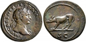 Trajan, 98-117. Semis (Orichalcum, 17 mm, 2.82 g, 6 h), Rome. IMP CAES NERVA TRAIAN AVG Laureate head of Trajan to right, with slight drapery on his l...